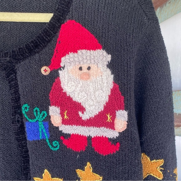 Northern Isle Christmas Cardigan Sweater Santa Stars Black - Size Medium - Picture 5 of 9
